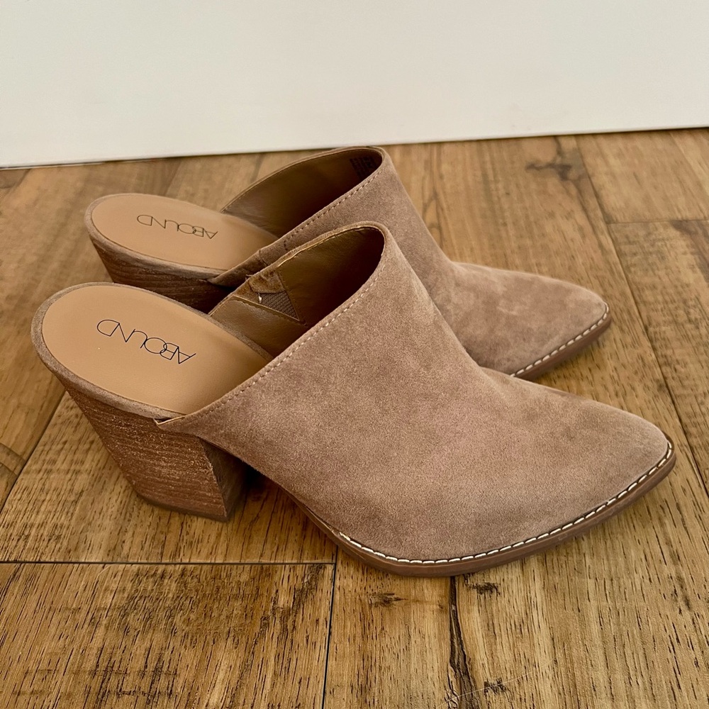 Abound Tan Suede Mules with Chunky Wooden Heel